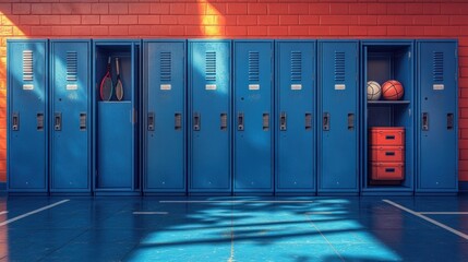 Sports Equipment in Open School Lockers Bright Colorful Illustration of Gym Gear and Accessories