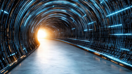 Futuristic tunnel with glowing lights leading to bright exit