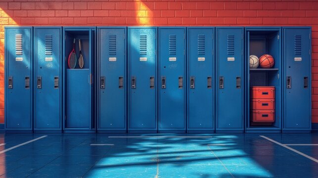 Sports Equipment in Open School Lockers Bright Colorful Illustration of Gym Gear and Accessories