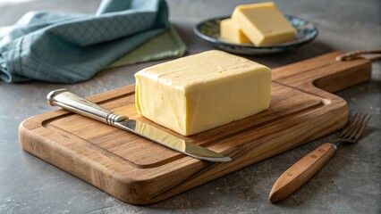 A single cube of butter on a small wooden cutting board with a butter knife.