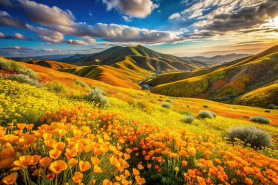Capture the breathtaking Perris Hills Super Bloom 2023. Golden poppies and vibrant yellow wildflowers paint a stunning landscape.