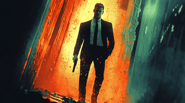 Agent walking through fire-damaged building, intense background, action thriller poster - Powered by Adobe