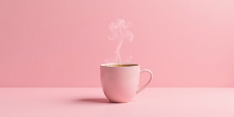 Aromatic Steam Rising From a Pink Mug of Coffee on a Pink Background