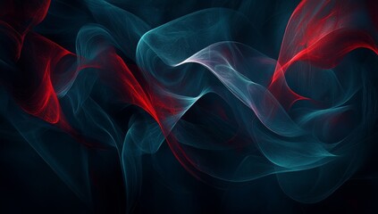 Fototapeta premium Abstract red, teal, and white swirling smoke on black background.