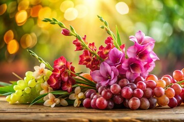 Fototapeta premium Gladioli and Maiden Grapes Still Life with Bokeh - Elegant Floral Arrangement