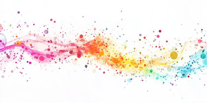 Colorful abstract wave with vibrant dots and splashes on white background.
