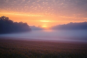 Fototapeta premium Serene Dawn Landscape with Mist Over Meadow and Fields in Vibrant Orange and Purple Sky