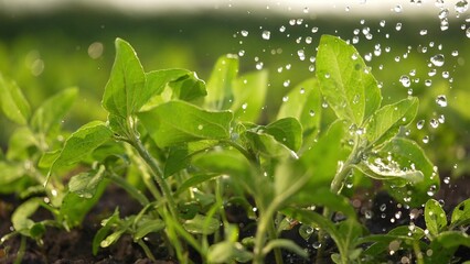 agriculture irrigation. green a sunflower plant irrigation water drops. agriculture business concept. crop sunflower farm plant sprinkled with water sunset. irrigation plantation sprouts green plant