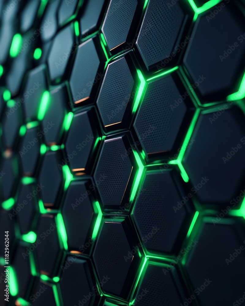 Poster Abstract dark hexagon pattern with green glowing lines.