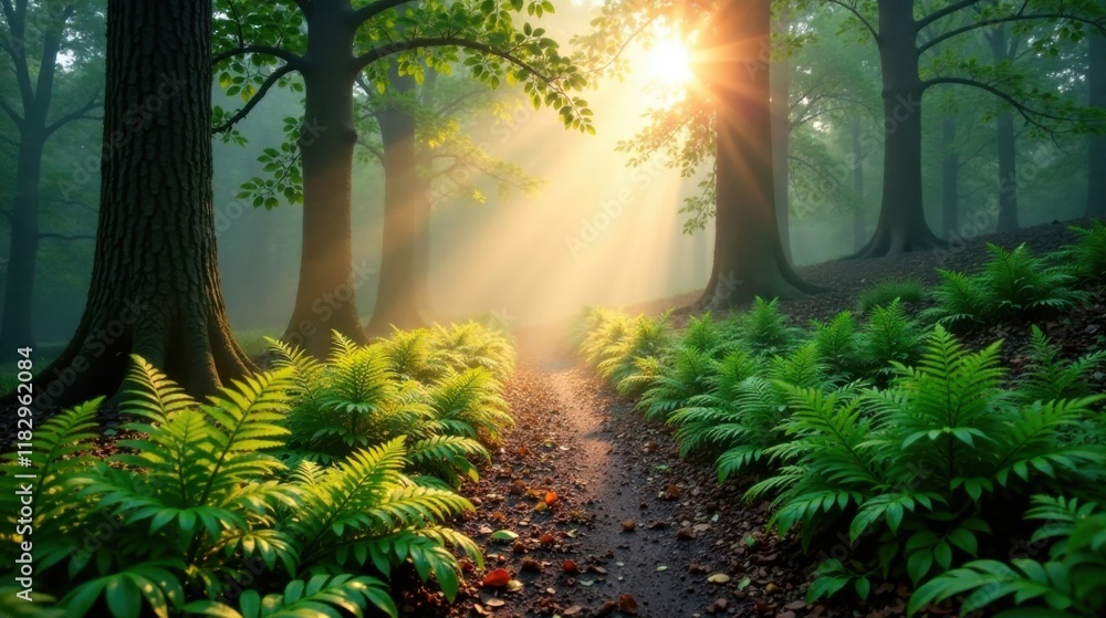 Poster sunlit path through a mystical foggy forest with lush ferns