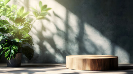 Minimalist wooden pedestal amidst sunlit indoor botanical setting with copy space