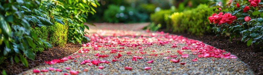 Fototapeta premium A serene garden path lined with vibrant flowers and scattered petals, inviting tranquility.