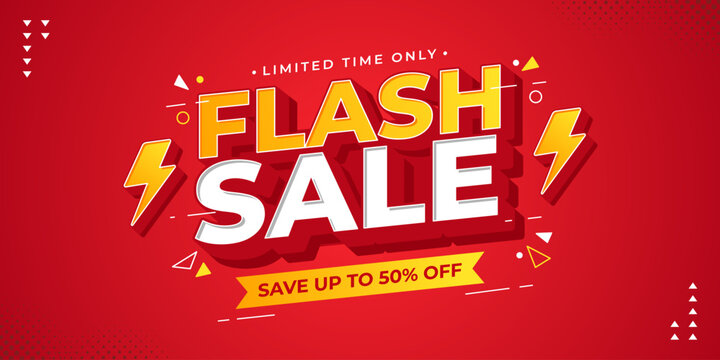 Flash sale promotional banner with bold 3d text, thunder and geometric shapes. Flash sale promo with discount offer for online shopping, special offer, voucher, website, social media advertising