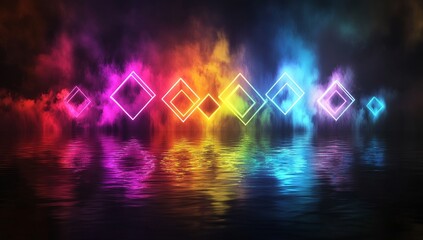 Rainbow neon lights reflecting on water with smoke.