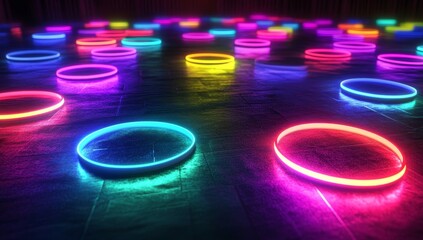Colorful neon circles on dark floor. (1)