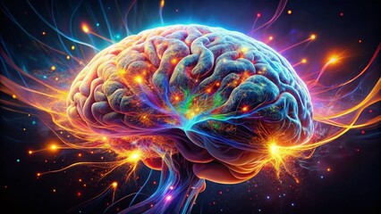 Glowing Brain, Intricate Neural Network, Vibrant Colors, Long Exposure, Abstract Art