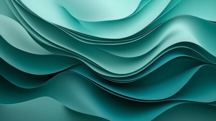 Abstract teal waves, layered paper design. Smooth curves and gradients create a calming, elegant image.