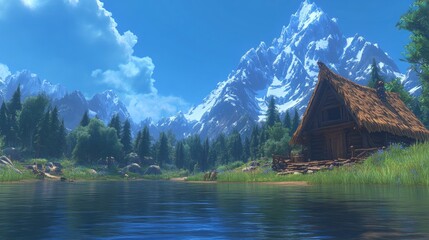 Fototapeta premium Serene Lakeside Cabin in Majestic Mountain Valley