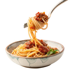 spaghetti with tomato sauce on a fork isolated transparent background