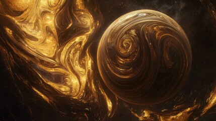 Abstract space scene featuring a planet with golden swirls and cosmic textures set against a dark background