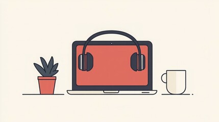 Laptop with headphones, a succulent, and a coffee mug. Minimalist workspace setup.