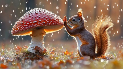 Obraz premium Adorable Red Squirrel Under a Giant Mushroom in Autumn Rain
