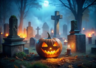 Glowing Jack-o'-Lantern in Foggy Cemetery Night - Spooky Halloween Stock Photo