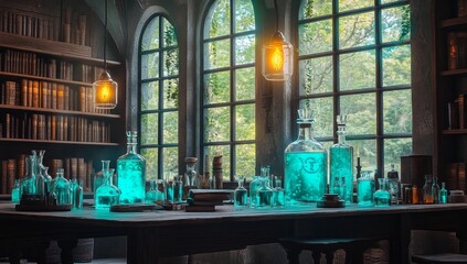 Mystical alchemy lab with glowing potions.