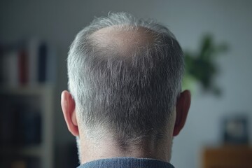 Fototapeta premium The Back of the Head: A close-up view of the back of a man's head, showcasing silver-gray hair and receding hairline. The image evokes thoughts of aging, maturity, and the passage of time. 
