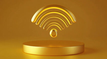 Signal icon. Yellow Gold Signal symbol on golden podium. 3D rendered Social Media Icon.