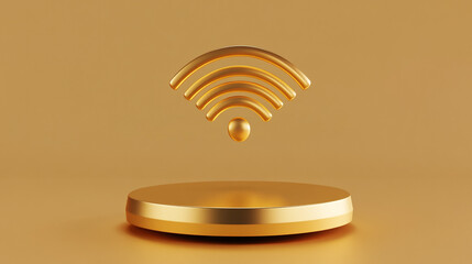 Signal icon. Yellow Gold Signal symbol on golden podium. 3D rendered Social Media Icon.