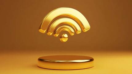 Signal icon. Yellow Gold Signal symbol on golden podium. 3D rendered Social Media Icon.