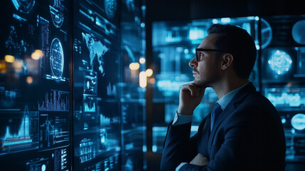 AI technology, artificial intelligence in work to help maximize efficiency, businessman uses AI technology to help analyze big data and use it in human daily life, future technology.