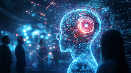 Al, Artificial Intelligence, smart robot or technological innovation of future concept.Businessmen demonstrate to use AI artificial intelligence technology to analyze data increase work efficiency.