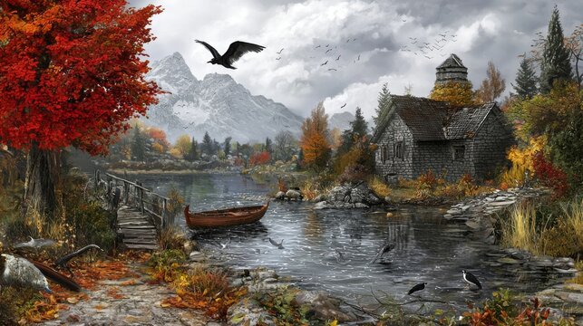 Serene Autumn Landscape with Colorful Foliage, Mountains, and Tranquil Water Reflection - Powered by Adobe