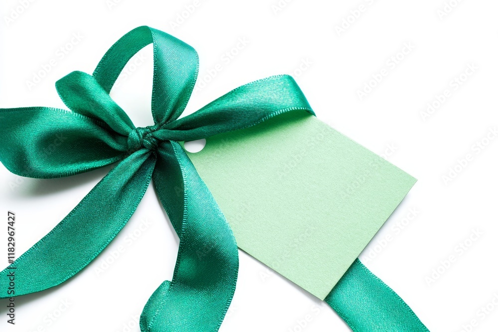 Wall mural Green ribbon bow tied on a blank gift tag.