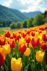 A field of bright yellow and red tulips against a green hillside, floral, flowers