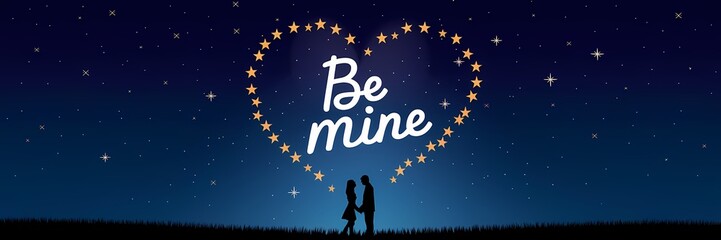 Naklejka premium A creative minimalist Valentine's Day poster design with a night theme. There's a heart made of stars in the sky. The text 