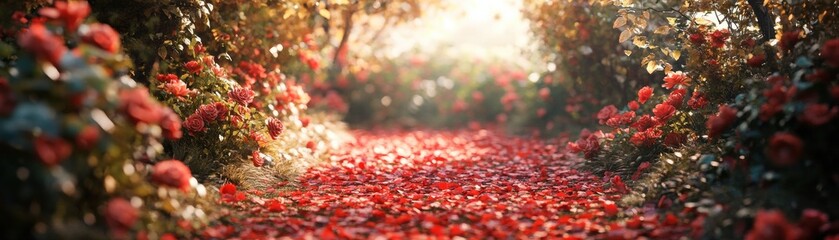 A vibrant path lined with blooming flowers, creating a tranquil, picturesque atmosphere.