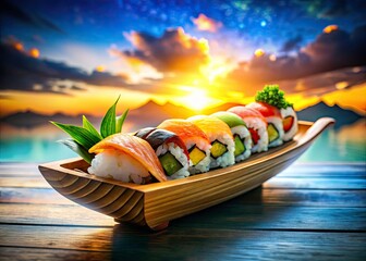 Double Exposure Sushi Boat: Close Up Japanese Cuisine Photography
