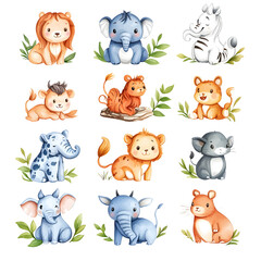 watercolor painting clipart Chinese New Year concept. Cute illustrated baby animals with playful expressions surrounded by greenery.