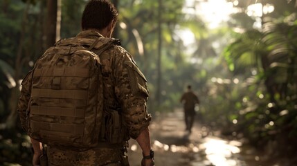 Obraz premium Soldier in Tactical Gear Walking Through Lush Jungle Landscape Under Soft Sunlight