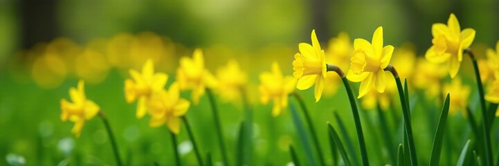 Fototapeta premium Bright yellow daffodil blooms in a lush green meadow, Meadow, Nature