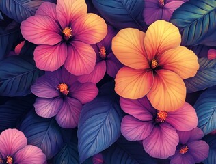 Tropical Botanical Illustration with Palm Leaves Banana Flower Orchids Exotic Plants Floral Pattern Watercolor Artwork