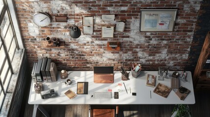 Vintage Workspace: A sunlit brick wall office with laptop, books, and vintage decor