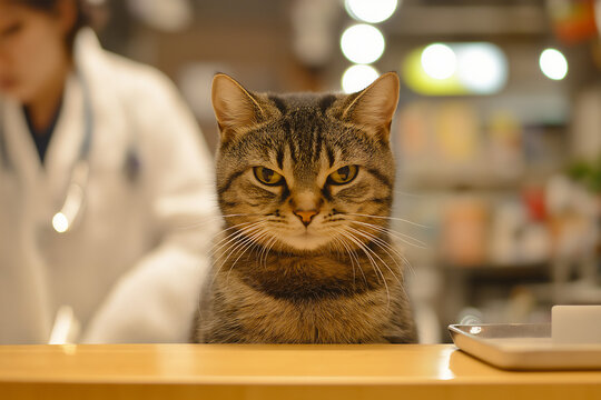 Tabby cat with mad and upset expression, Veterinarian behind cat, regular exams concept