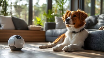 Intelligent Robot Companion with Dog in Modern Living Room