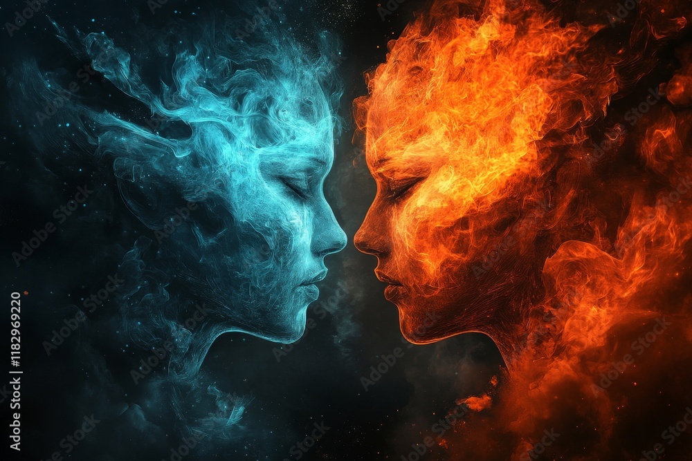 Poster a visual contrast of elements: blue and orange faces merging in fiery and frosty abstract representa