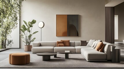 Modern living room with neutral tones and sleek furniture