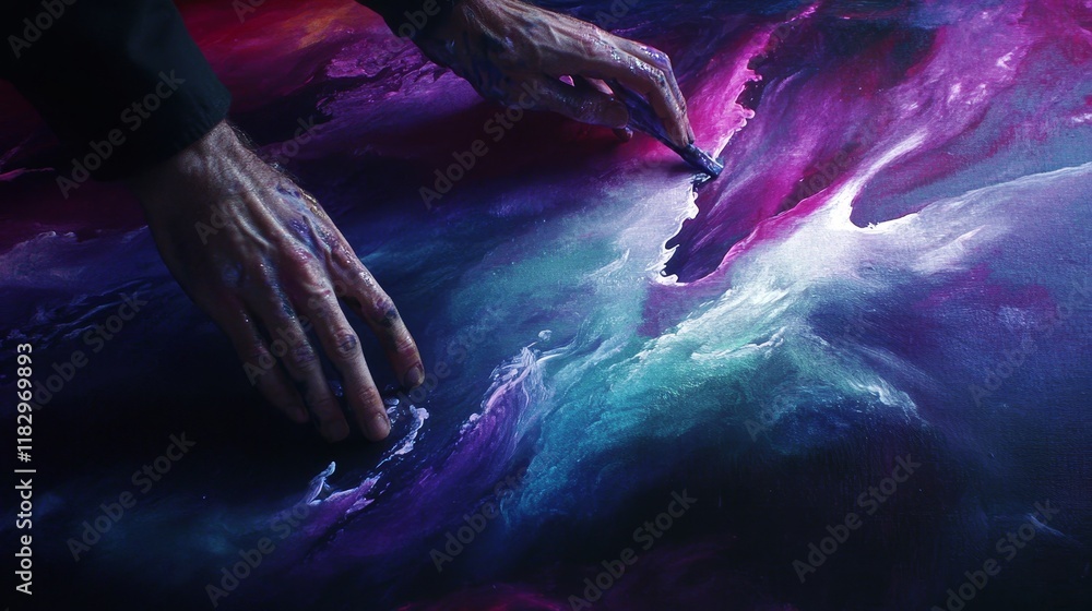 Poster abstract artistic expression of vibrant colors on canvas with hands creating dynamic swirls and text